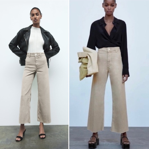 Zara The Marine Wide Leg Jeans 8 Tan Denim Stretch Casual High Rise Minimalist - Picture 3 of 12